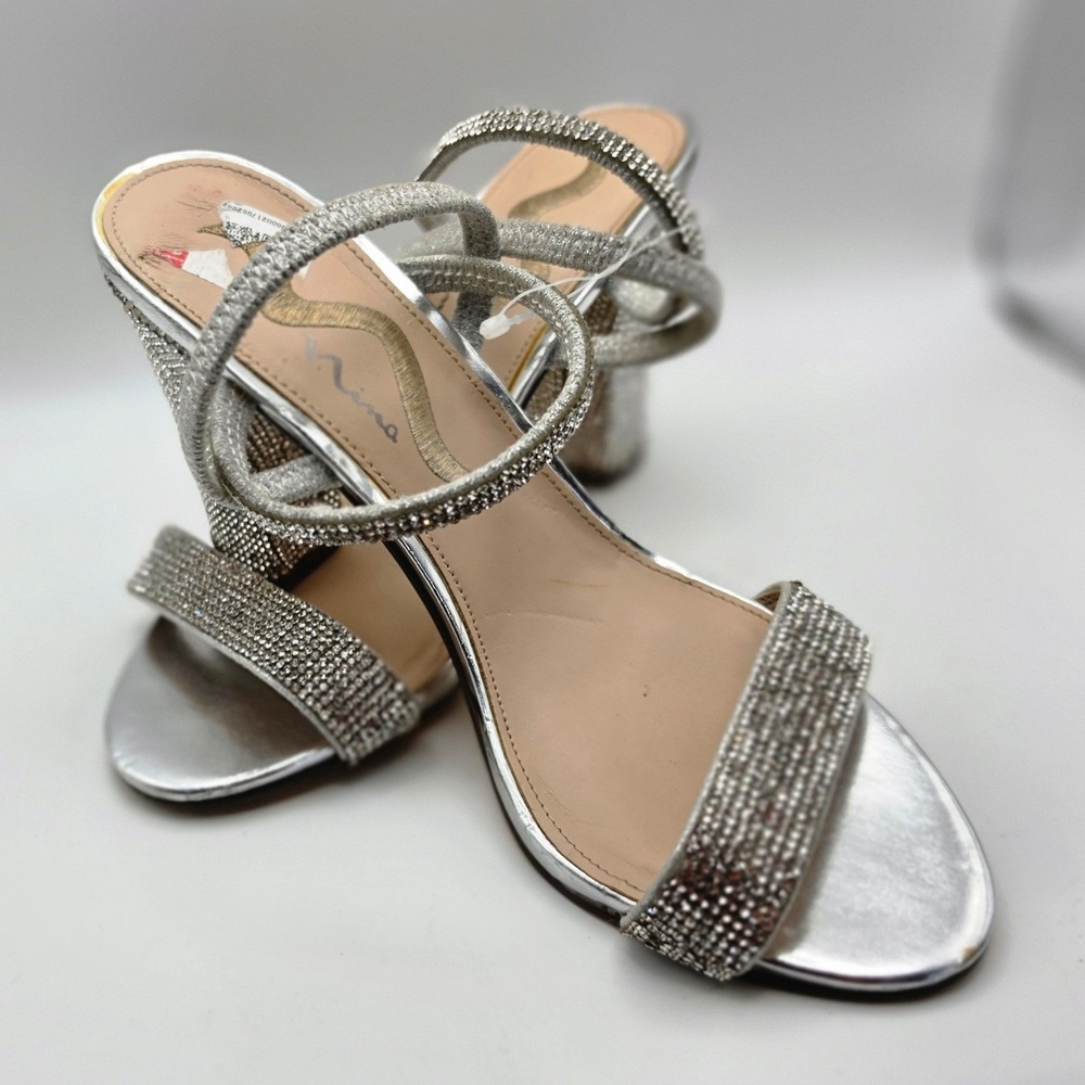 Nina Silver Rhinestone Block Heel Sandals Strappy Crystal Formal Shoes Size 6.5M